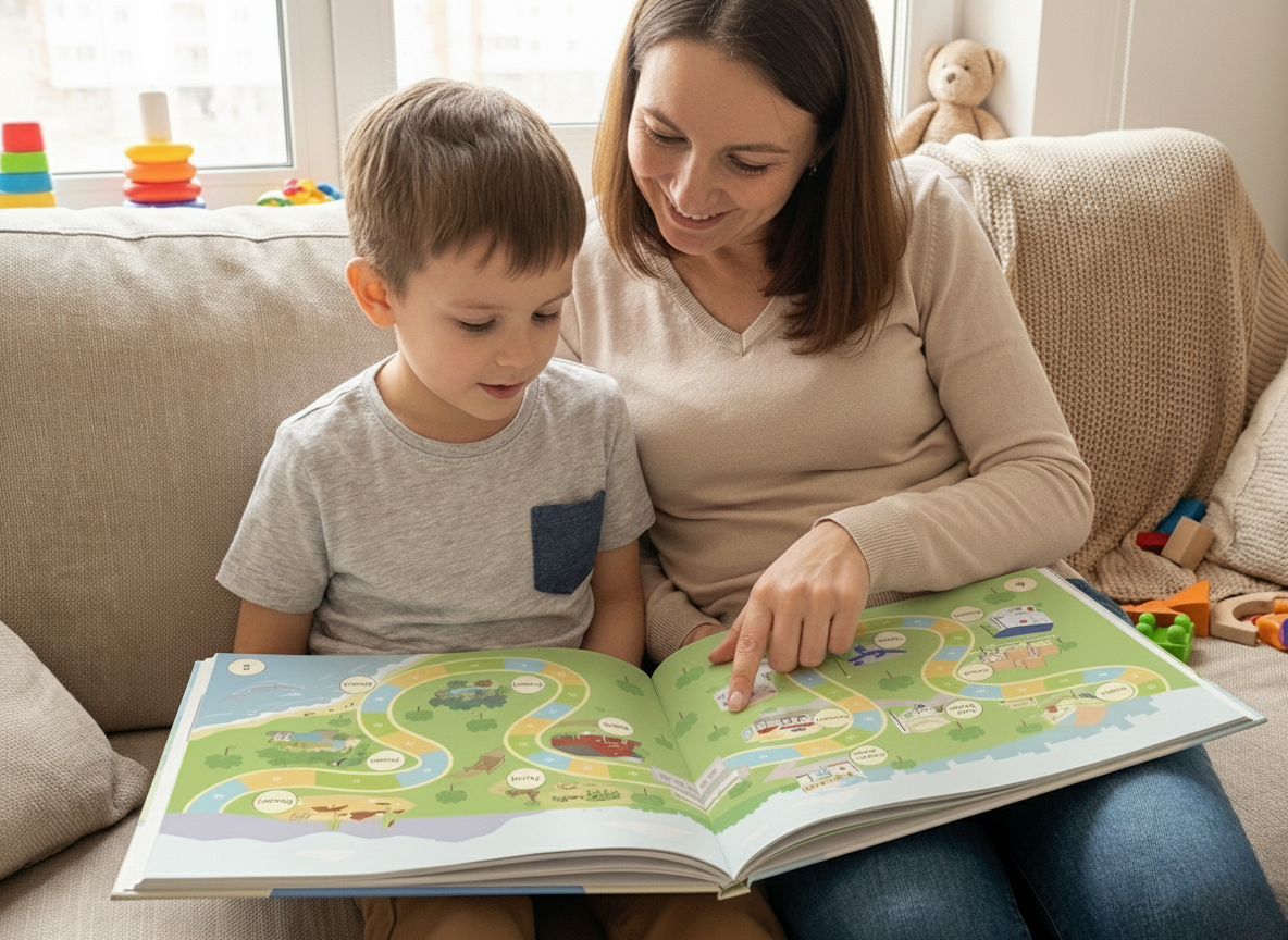 mom and son reading book